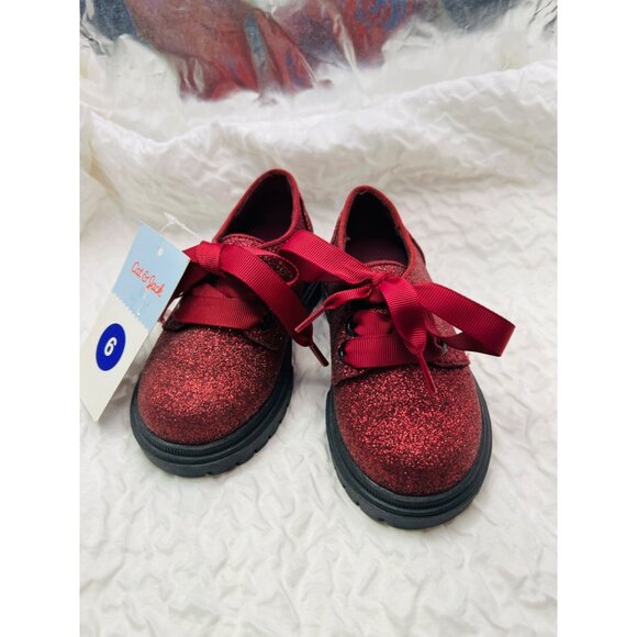 Cat & Jack Other - Cat & Jack Red Glitter Girls Shoes Size 6 With Ribbon Laces